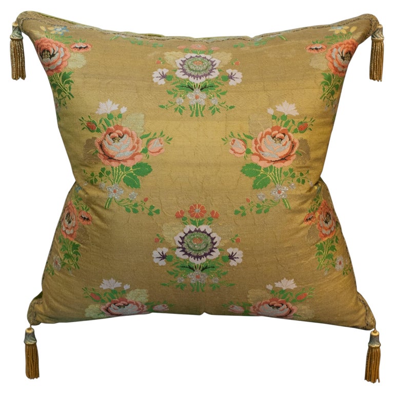 STUDIO MAISON NURITA YELLOW GREEN FLORAL SILK PILLOW WITH METALLIC TRIMS