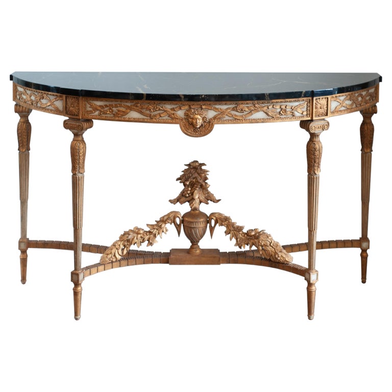 REPRODUCTION LOUIS XVI-STYLE DEMI-LUNE CONSOLE TABLE & TROMPE-L'ŒIL MARBLE TOP