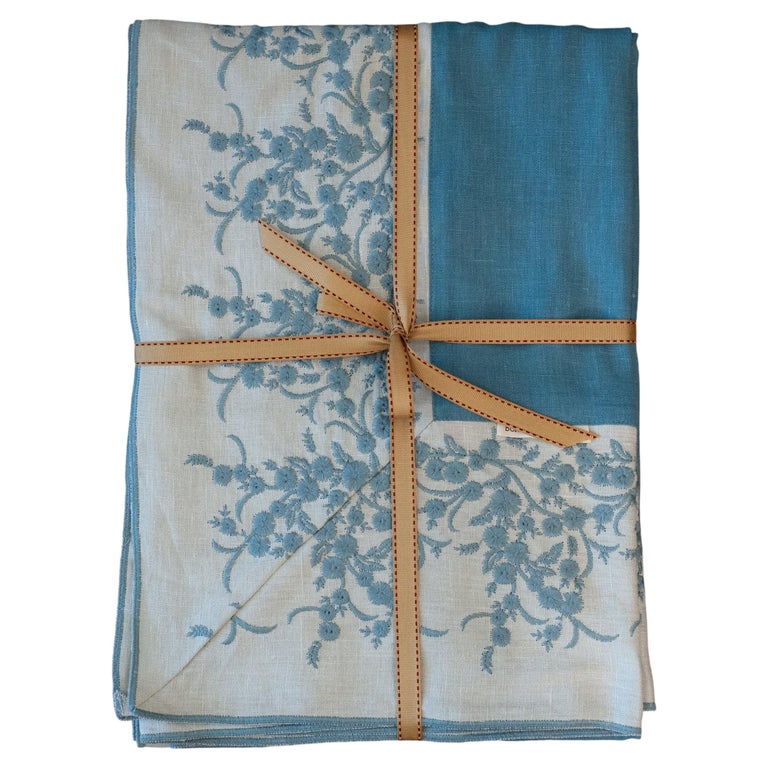 CONTEMPORARY BLUE LINEN TABLECLOTH WITH FLORAL EMBROIDERED BORDER - 6' X 6'