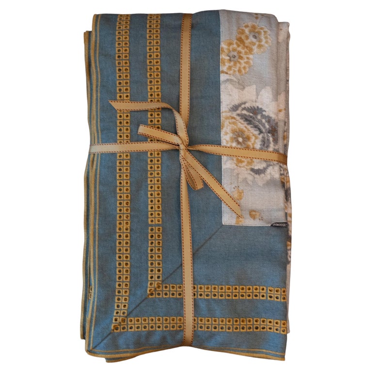 CONTEMPORARY BLUE LINEN TABLECLOTH WITH EMBROIDERED BORDER - 6' X 13'
