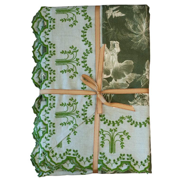 CONTEMPORARY GREEN LINEN TABLECLOTH WITH EMBROIDERED FLORAL BORDER - 6' X 13'