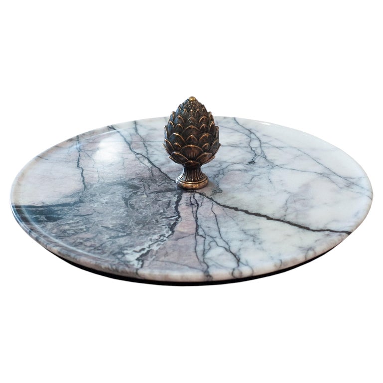 CONTEMPORARY LILAC MARBLE TRAY WITH CAST BRONZE PINECONE HANDLE