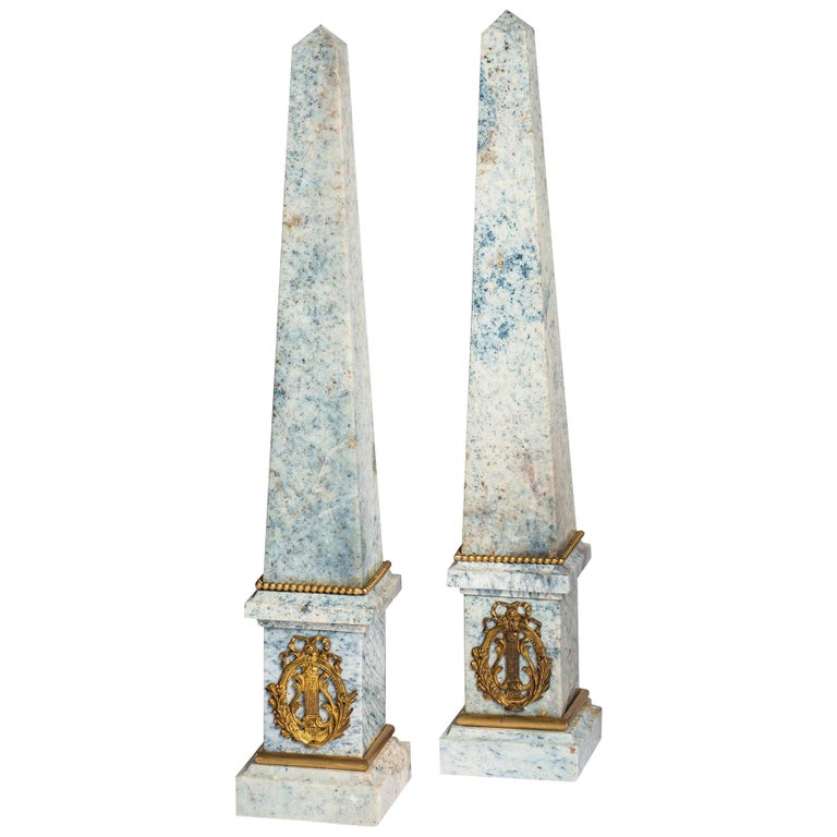 ANTIQUE PAIR OF BLUE JASPER & ORMOLU OBELISKS