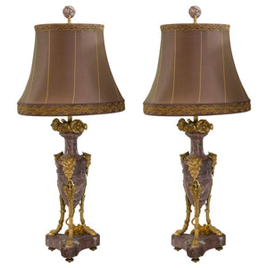 ANTIQUE FRENCH PAIR OF BRONZE & MARBLE LAMP WITH CUSTOM SILK SHADES