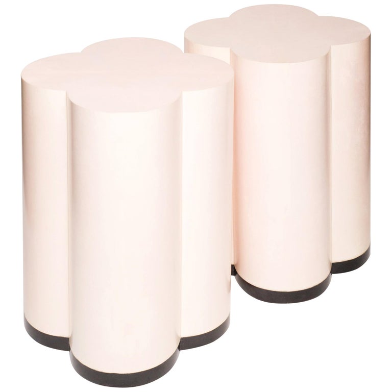 PAIR OF PARCHMENT PINK CLOVER DRUM TABLES