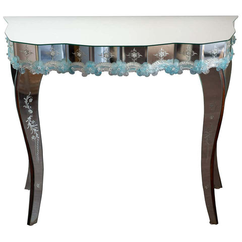 CONTEMPORARY MURANO MIRRORED CONSOLE WITH HAND BLOWN BLUE FLOWERS