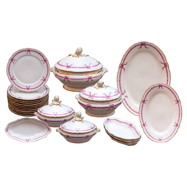 ANTIQUE 22 PIECE DINNER SET CIRCA 1850 WITH PINK RIBBON DESIGN