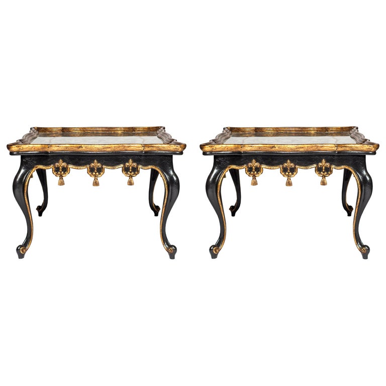 PAIR OF BLACK & GILDED COFFEE TABLES WITH EGLOMISE TOPS