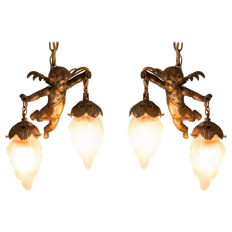 ANTIQUE FRENCH PAIR OF BRONZE CHERUB CHANDELIERS