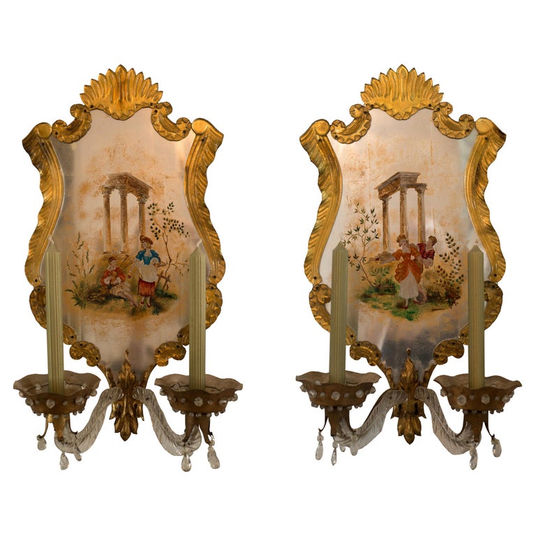 ANTIQUE PAIR OF EGLOMISE MAISON JANSEN SCONCES