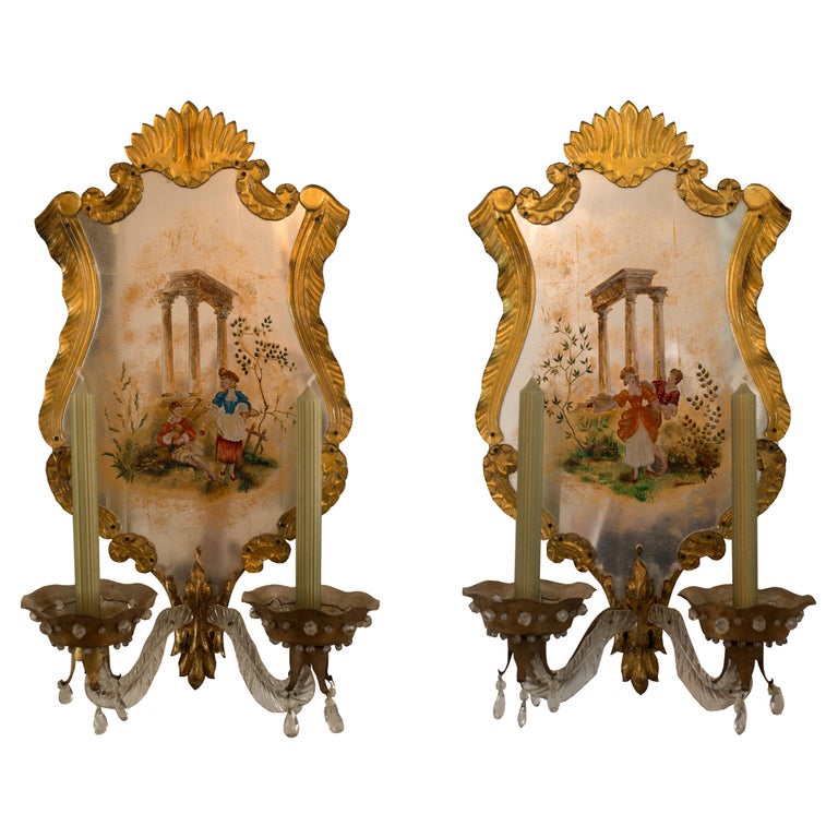 MID-CENTURY PAIR OF EGLOMISE MAISON JANSEN SCONCES