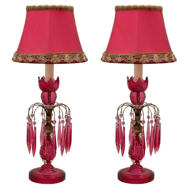 ANTIQUE ENGLISH PAIR OF CRANBERRY GLASS LAMPS WITH CUSTOM SILK SHADES