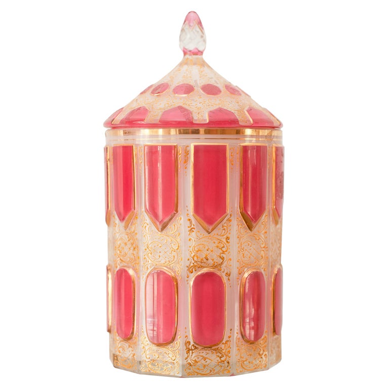 ANTIQUE MOSER PINK CABOCHON GLASS CANISTER