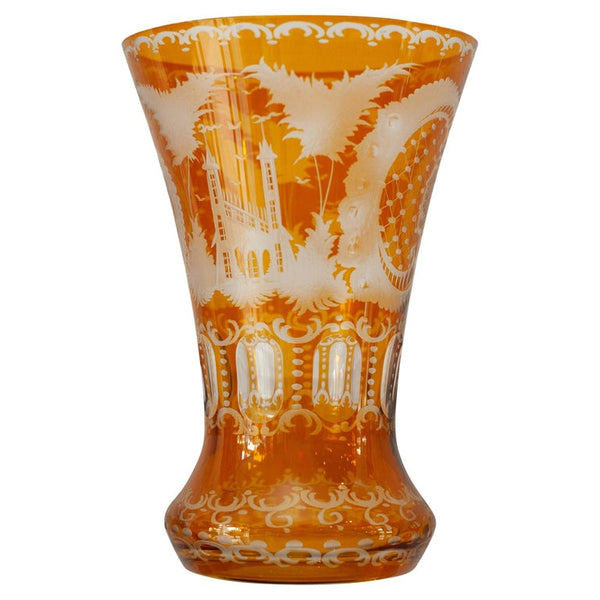 ANTIQUE BOHEMIAN AMBER ETCHED CRYSTAL VASE