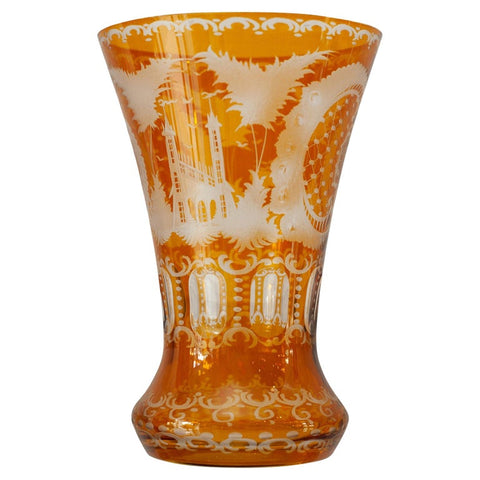 ANTIQUE BOHEMIAN AMBER ETCHED CRYSTAL VASE