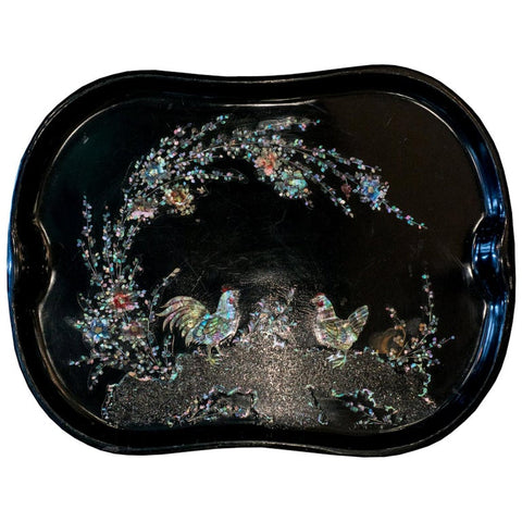 ANTIQUE DUTCH BLACK METAL TRAY WITH MOTHER OF PEARL ROOSTERS