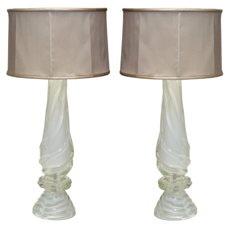 CONTEMPORARY PAIR OF WHITE MURANO GLASS LAMPS WITH CUSTOM SILK SHADES