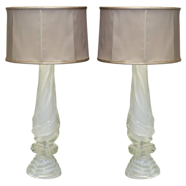 CONTEMPORARY PAIR OF WHITE MURANO GLASS LAMPS WITH CUSTOM SILK SHADES