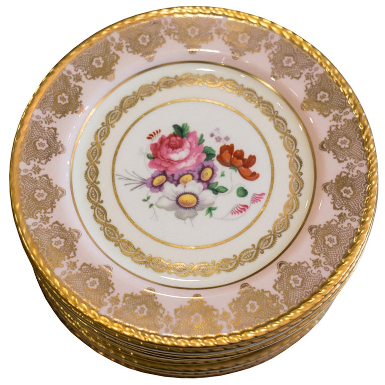 ANTIQUE SET OF 15 PARAGON PINK & GOLD DESSERT PLATES