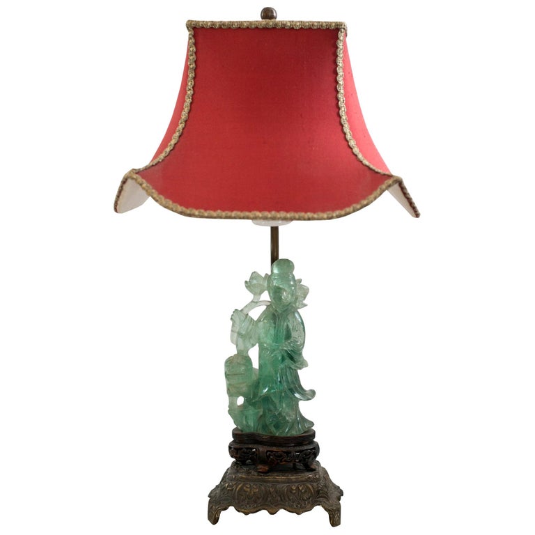 ANTIQUE ASIAN SMALL FLUORITE LAMP WITH A CUSTOM SILK SHADE