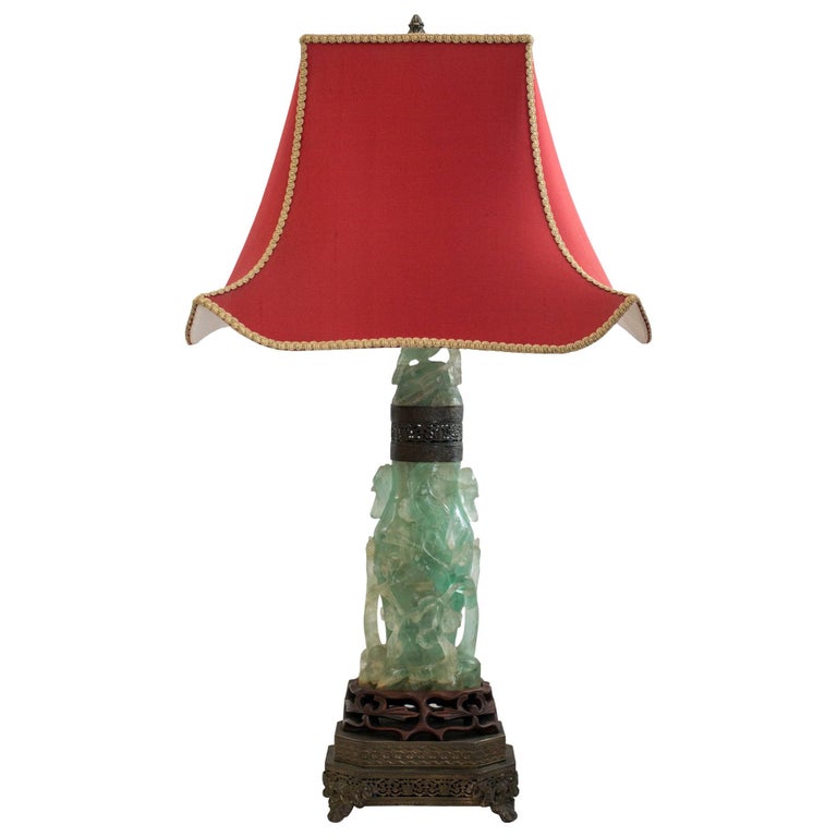 ANTIQUE ASIAN LARGE FLUORITE LAMP WITH A CUSTOM SILK SHADE