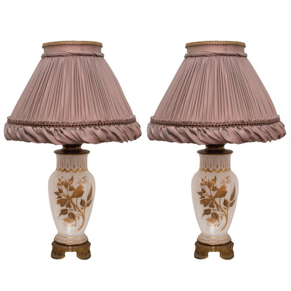 ANTIQUE FRENCH PAIR OF OPALINE WHITE & GOLD LAMPS WITH CUSTOM SILK SHADES