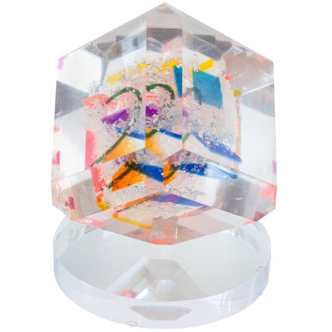 CONTEMPORARY MULTI-COLOURED ACRYLIC CUBE SCULPTURE