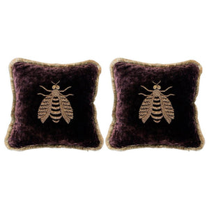 PAIR OF PURPLE VELVET PILLOWS WITH A LARGE METALLIC EMBROIDERED BEE