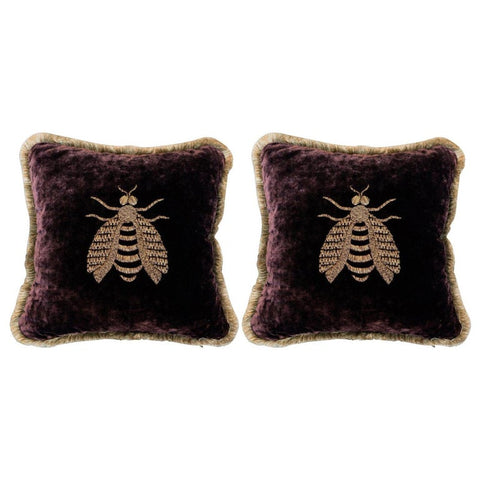 PAIR OF PURPLE VELVET PILLOWS WITH A LARGE METALLIC EMBROIDERED BEE