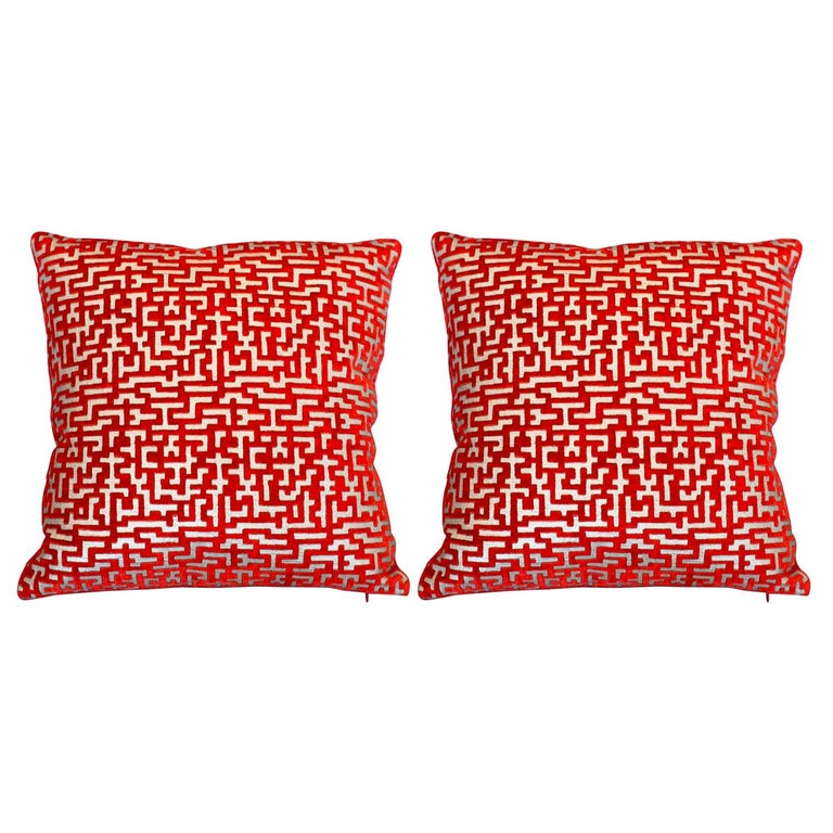 PAIR OF RED & SILVER FORTUNY VELVET PILLOWS