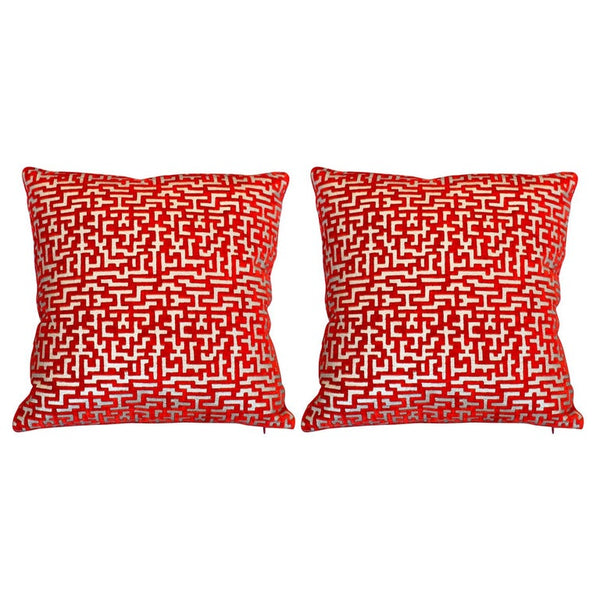 PAIR OF RED & SILVER FORTUNY VELVET PILLOWS