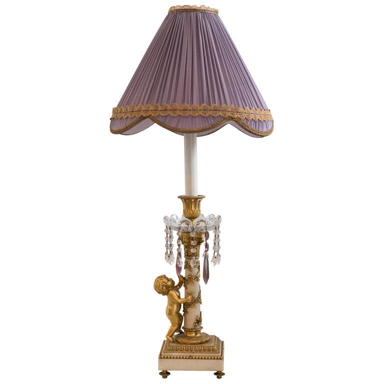 ANTIQUE FRENCH BRONZE AND MARBLE LAMP WITH AMETHYST DROPS AND A CUSTOM SILK SHADE