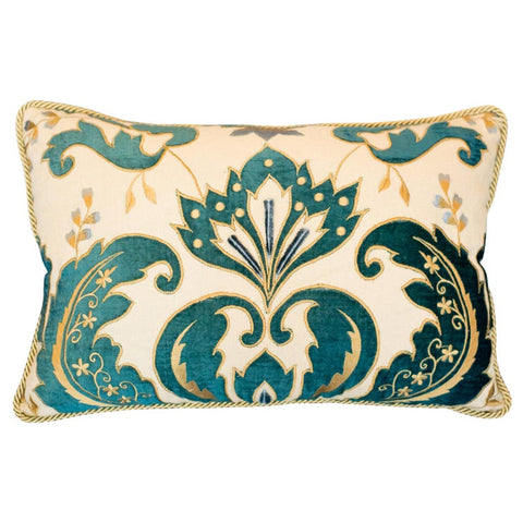 STUDIO MAISON NURITA LINEN & BLUE CUT VELVET PILLOW WITH METALLIC ROPE TRIM