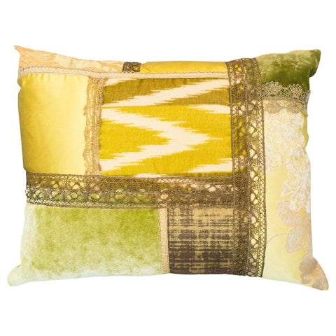 STUDIO MAISON NURITA GREEN PATCHWORK PILLOW IN A VARIETY OF SILKS AND VELVETS WITH METALLIC VINTAGE TRIMS