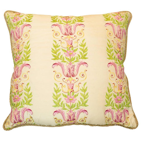 STUDIO MAISON NURITA EMBROIDERED CRÈME SILK & COTTON VELVET PILLOW WITH ROPE TRIM