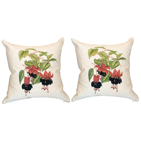 PAIR OF CRÈME SILK PILLOWS WITH EMBROIDERED FUCHSIAS