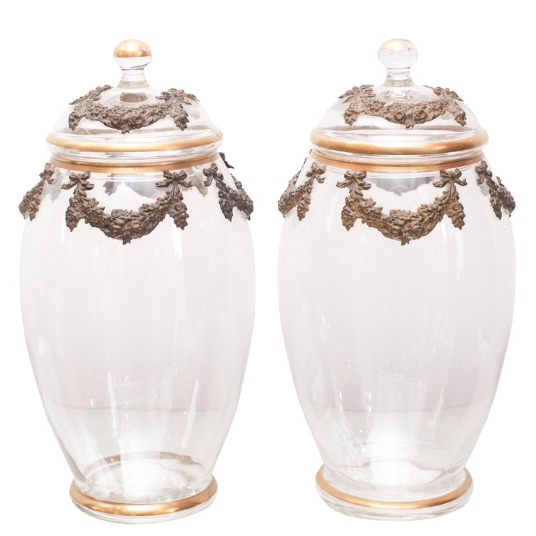 ANTIQUE PAIR OF FRENCH BRONZE AND GLASS COOKIE JARS