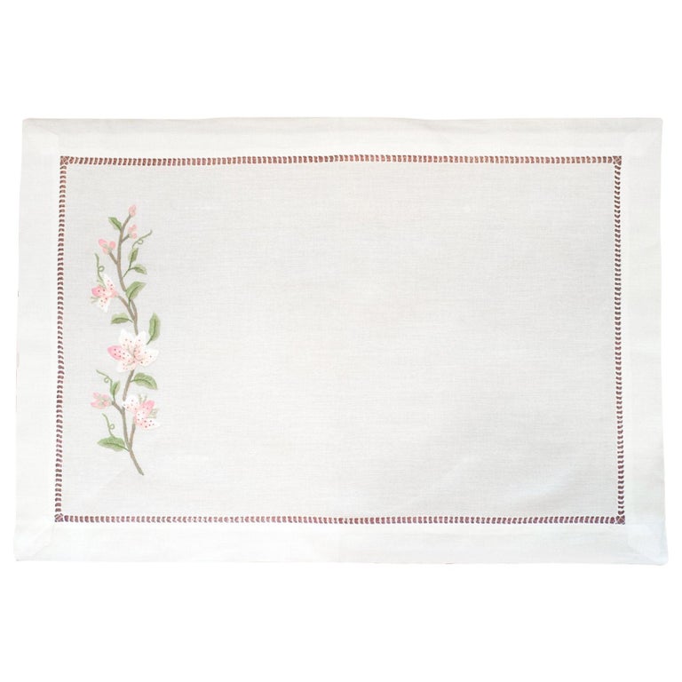 SET OF 12 LINEN PLACEMATS WITH EMBROIDERED PINK LILIES