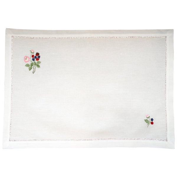 SET OF 12 LINEN PLACEMATS WITH EMBROIDERED RED & BLUE FLOWERS