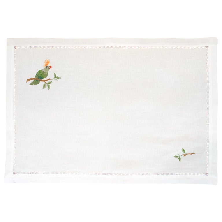 SET OF 12 LINEN PLACEMATS WITH EMBROIDERED PARROTS