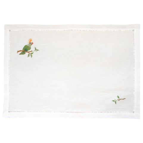 SET OF 12 LINEN PLACEMATS WITH EMBROIDERED PARROTS