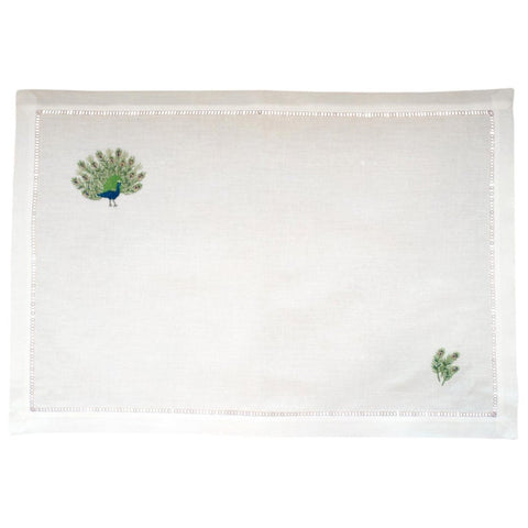 SET OF 12 LINEN PLACEMATS WITH EMBROIDERED PEACOCKS