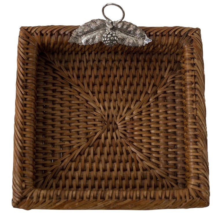 RATTAN SQUARE BASKET WITH 925 STERLING SILVER LEAVES AND A BERRY
