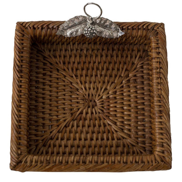 RATTAN SQUARE BASKET WITH 925 STERLING SILVER LEAVES AND A BERRY