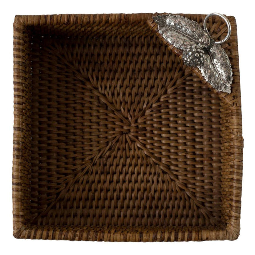 RATTAN SQUARE BASKET WITH 925 STERLING SILVER LEAVES AND A BERRY