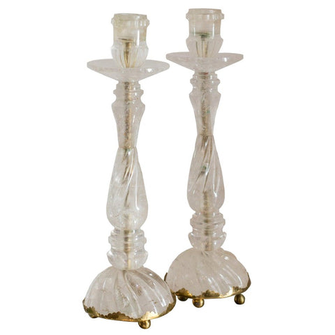 CONTEMPORARY PAIR OF TWISTED ROCK CRYSTAL CANDLESTICKS