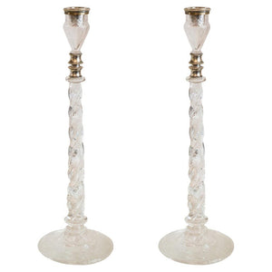 ANTIQUE PAIR OF CRYSTAL AND STERLING SILVER CANDLESTICKS