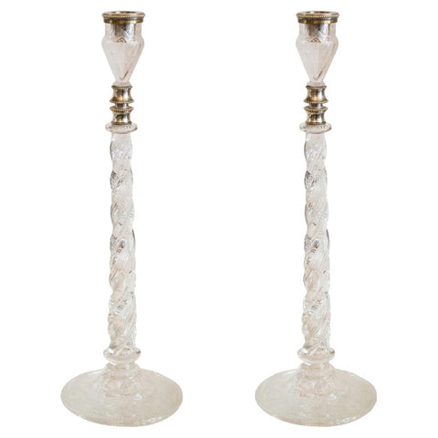 ANTIQUE PAIR OF CRYSTAL AND STERLING SILVER CANDLESTICKS