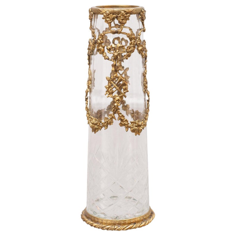 ANTIQUE SMALL CUT CRYSTAL VASE WITH ORMOLU WREATHS