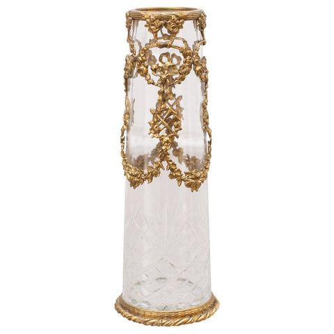 ANTIQUE SMALL CUT CRYSTAL VASE WITH ORMOLU WREATHS